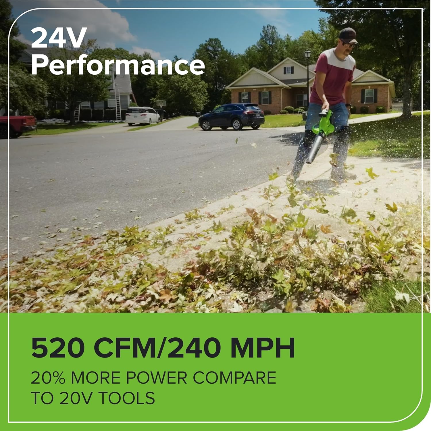 24V Performance  
520 CFM/240 MPH  
20% MORE POWER COMPARE TO 20V TOOLS