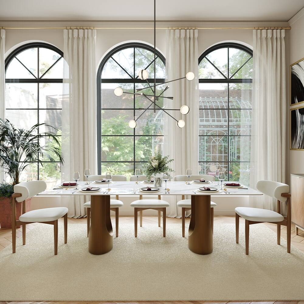 Angle. POVISON - 93.7"Modern Luxury Dining Table for 8, Glossy White Sintered Stone Table, Rectangular Dining Room Table, Double Pedestal - White.