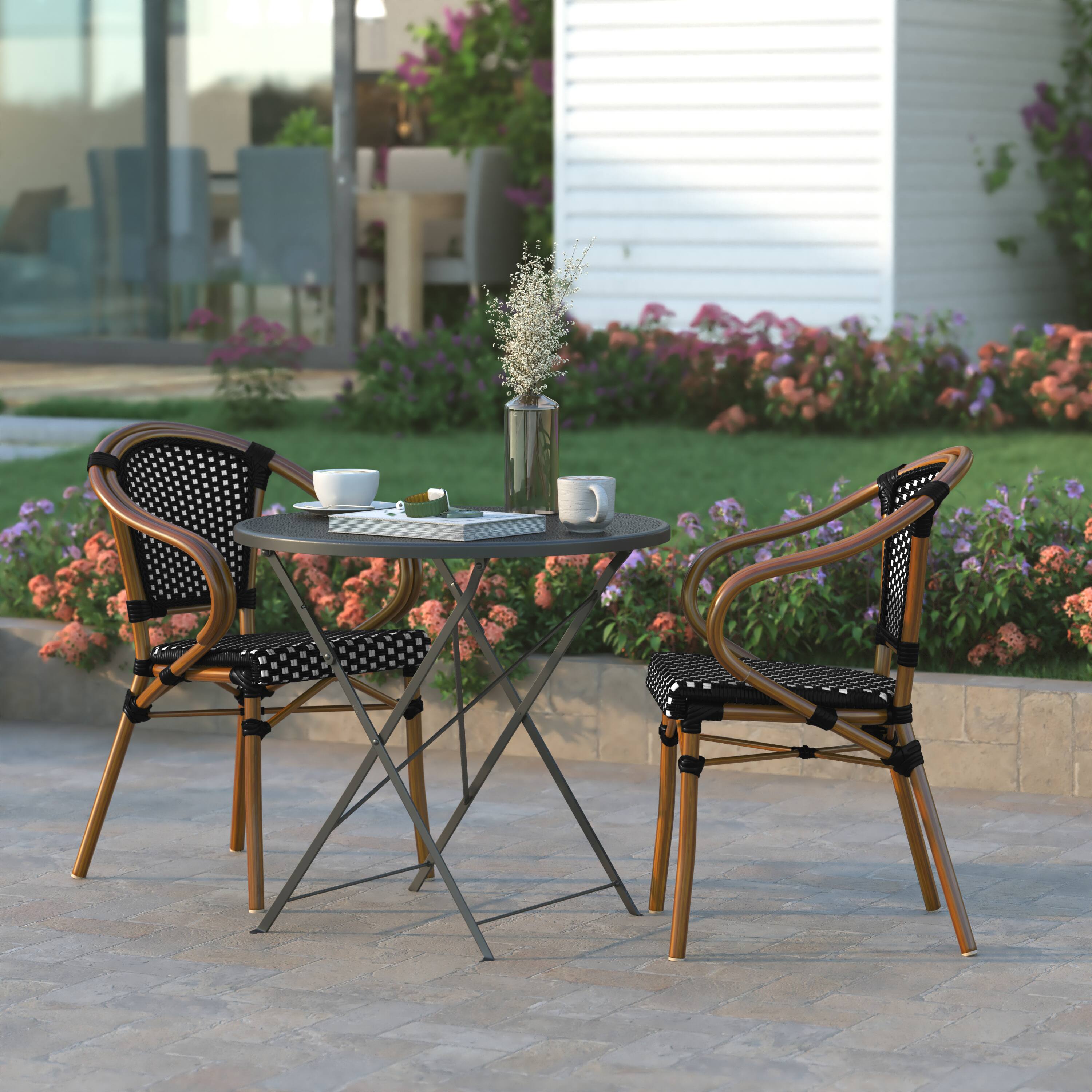 Alt View 4. Emma + Oliver - 2 Pack Stacking Bistro Chair with Metal Frame & PE Seat - Black & White/Natural Frame.