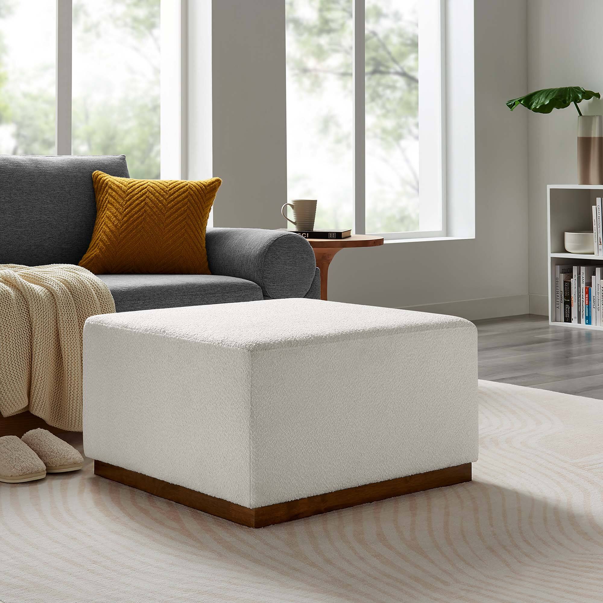 Tilden Large 28" Square Boucle Upholstered Ottoman by Modway - Cloud Walnut