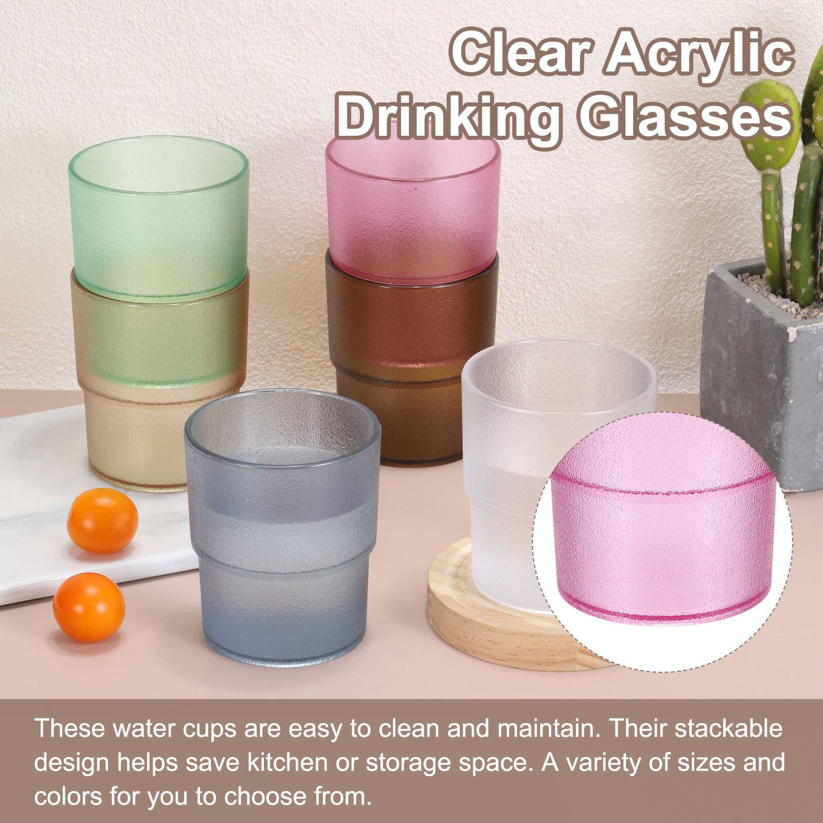 Clear Acrylic Drinking Glasses

These water cups are easy to clean and maintain. Their stackable design helps save kitchen or storage space. A variety of sizes and colors for you to choose from.