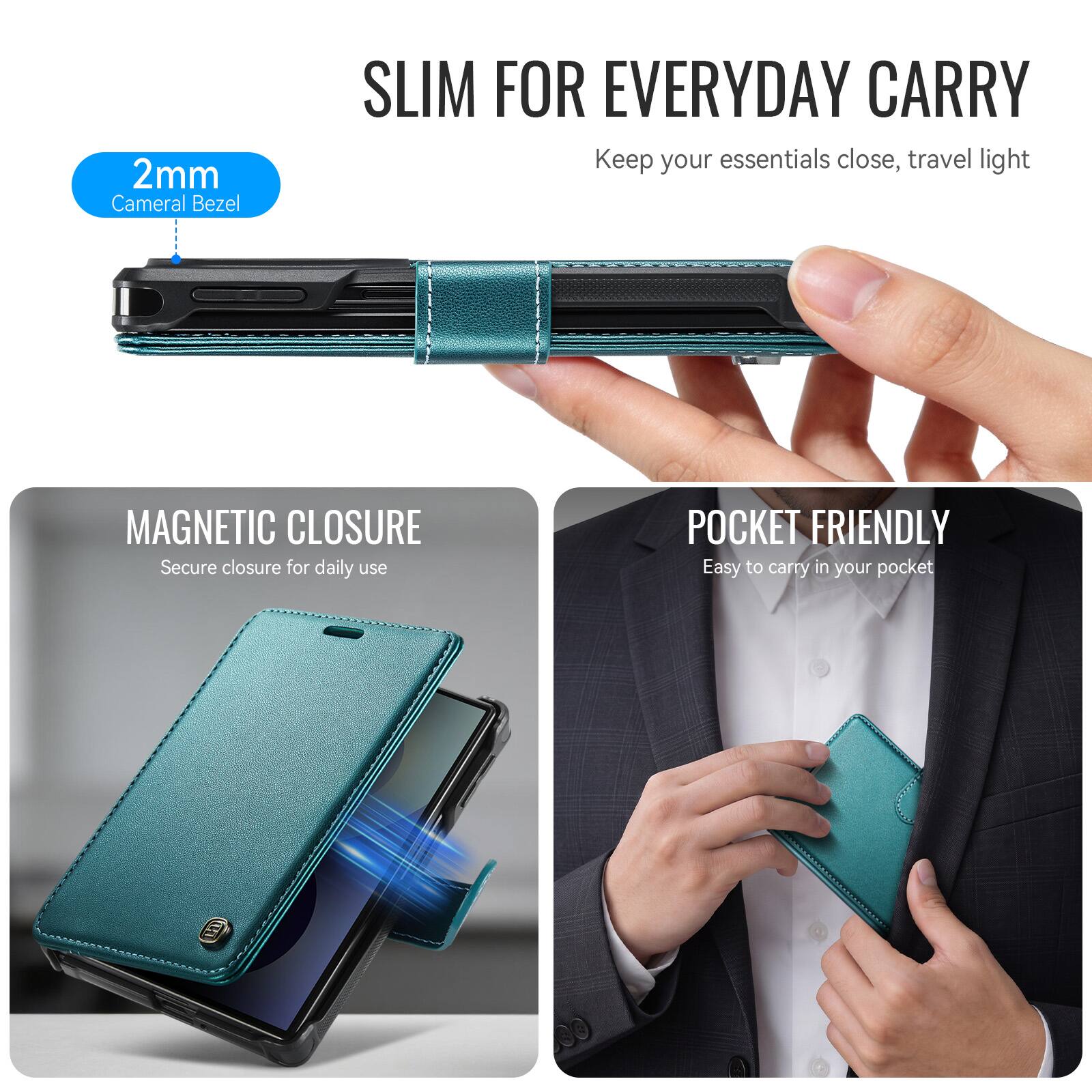 2mm Camera Bezel  
SLIM FOR EVERYDAY CARRY  
Keep your essentials close, travel light  
MAGNETIC CLOSURE  
Secure closure for daily use  
POCKET FRIENDLY  
Easy to carry in your pocket