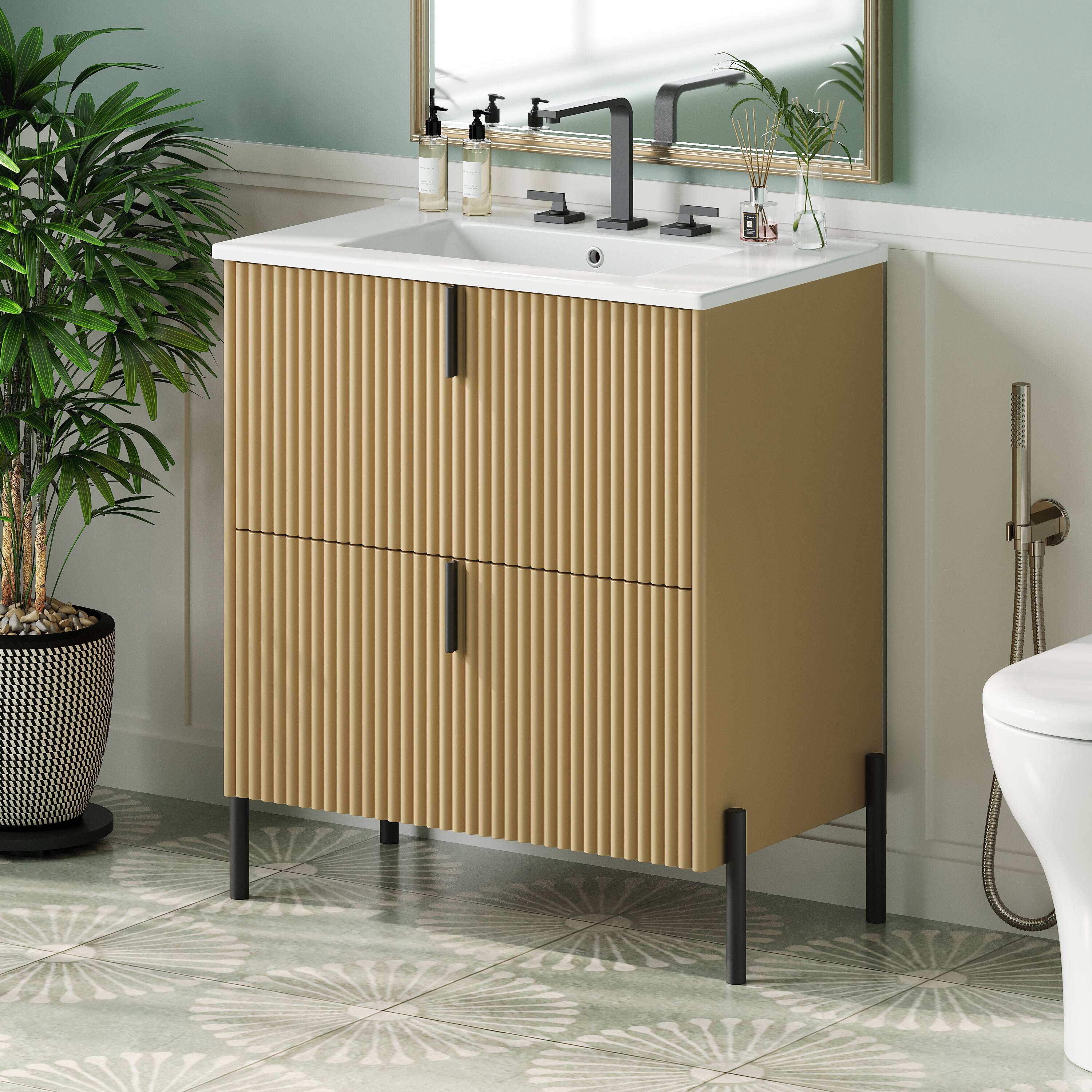Alt View 2. Loheer - 2.5 ft Bathroom Vanity with Ceramic Sink, Full Extension Drawers - Natural.