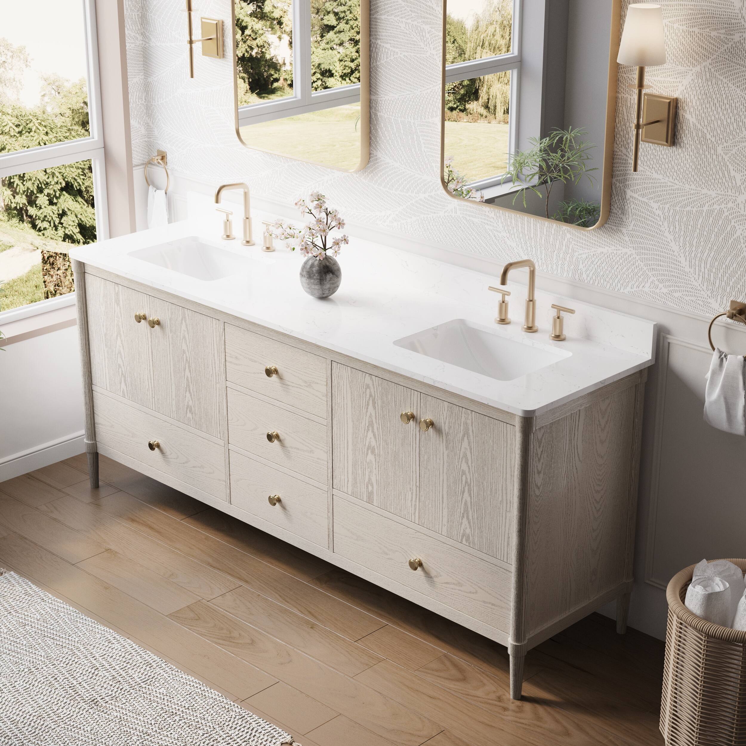 Angle. WELLFOR - ETHAN 80 in. Solid Wood Bath Vanity with Quartz Top, Double Sink, Soft Close, Assembled - OAK.