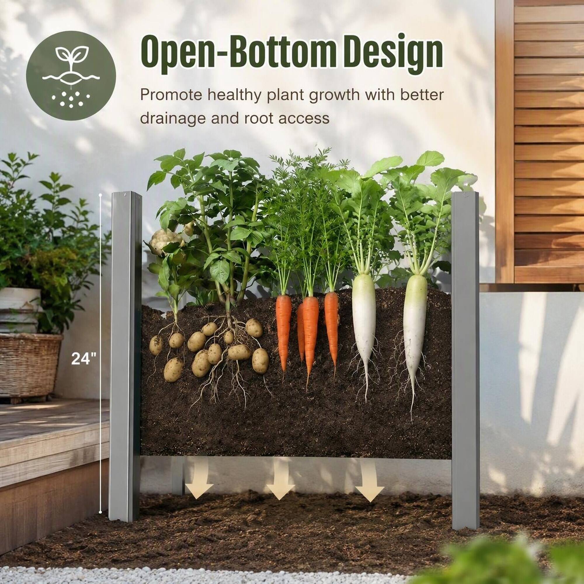 Open-Bottom Design  
Promote healthy plant growth with better drainage and root access  
24"