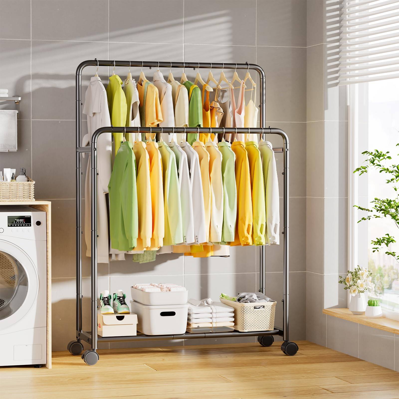 Alt View 3. Refined Abode Design - Clothing Clothes Rack Double Rods With Wheels Rolling Metal Garment For Hanging - Golden 14.75"D x 39.75"W x 58.5"H.