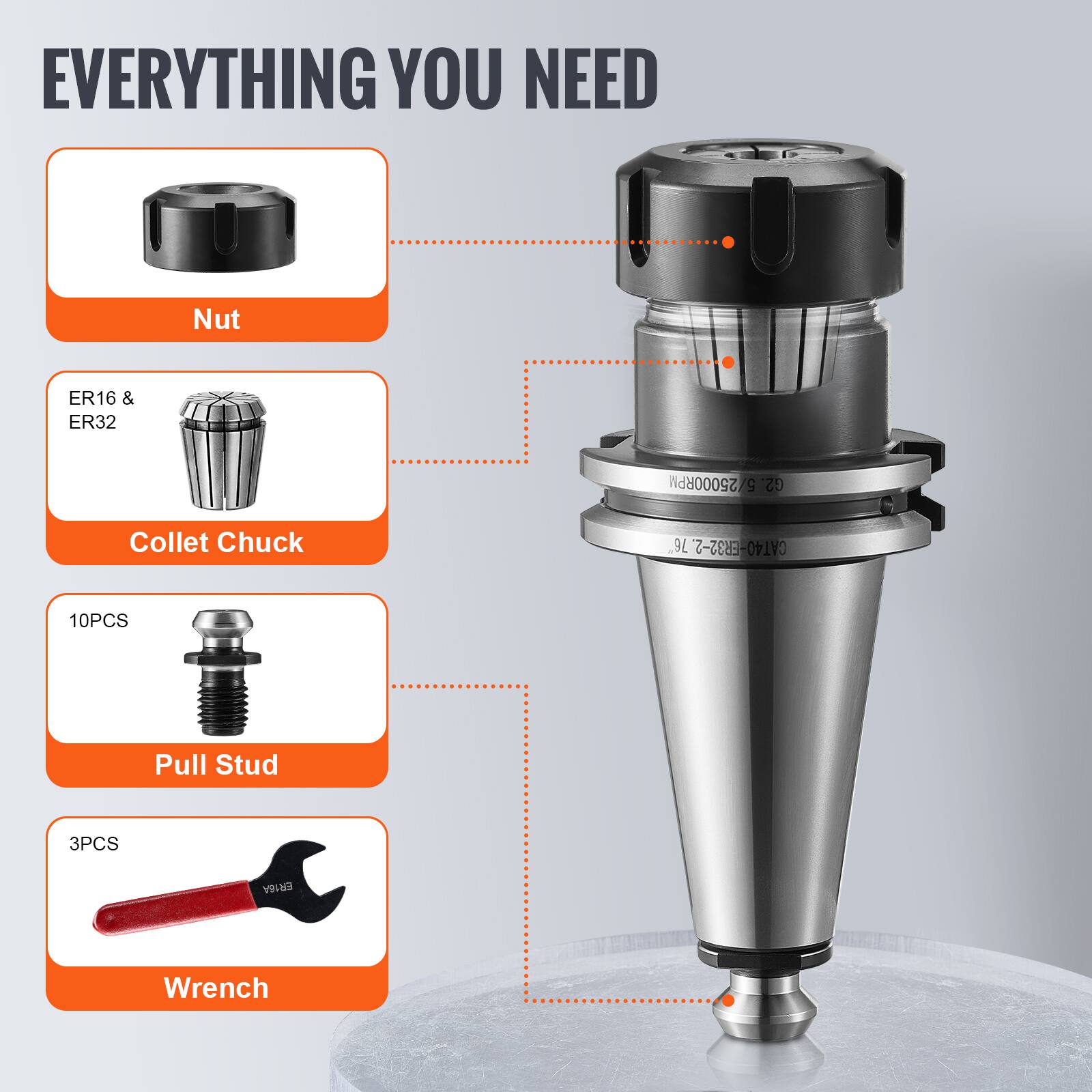 - Nut
- ER16 & ER32 Collet Chuck
- 10PCS Pull Stud
- 3PCS Wrench