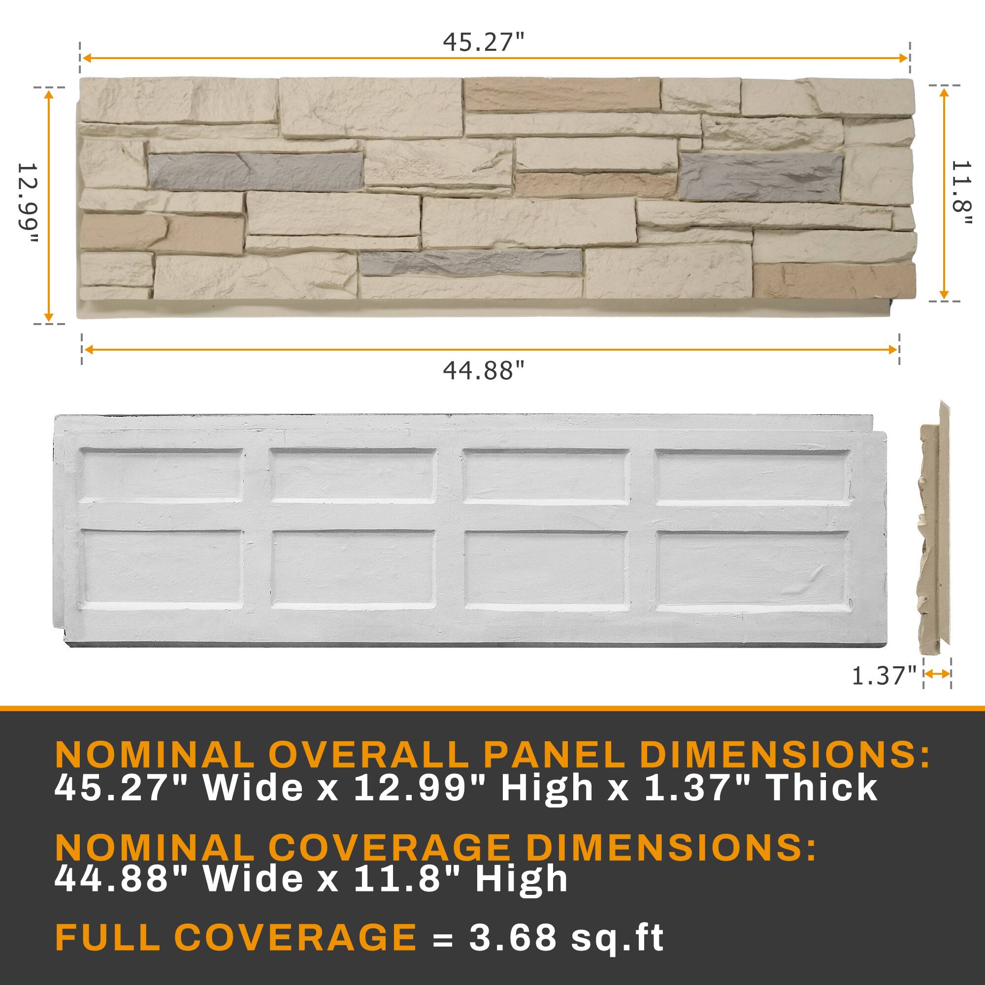 45.27" 12.99" 11.8" 44.88" 1.37"  
NOMINAL OVERALL PANEL DIMENSIONS: 45.27" Wide x 12.99" High x 1.37" Thick  
NOMINAL COVERAGE DIMENSIONS: 44.88" Wide x 11.8" High  
FULL COVERAGE = 3.68 sq.ft