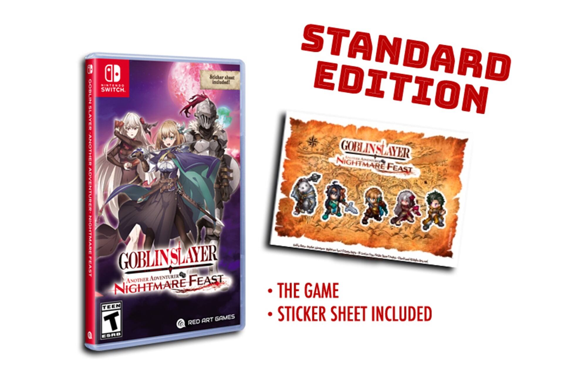 The image features a Nintendo Switch game called "Goblin Slayer: Nightmare of the Dark Demon Lord." The game is part of the Standard Edition, which includes a sticker sheet. The game is a role-playing game that takes place in a fantasy world, where players take on the role of adventurers fighting against goblins. The game is rated "Teen" by the ESRB.