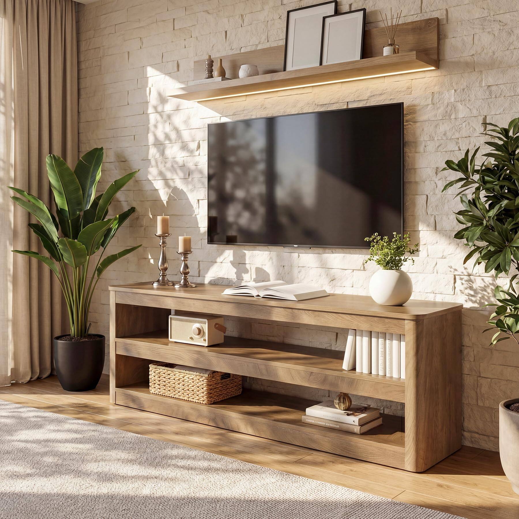 Alt View 5. Tribesigns - 55-Inch TV Stand for TVs up to 70 Inches, Farmhouse Entertainment Center with 3 Open Storage Shelves and Rounded Corners - Walnut Brown.