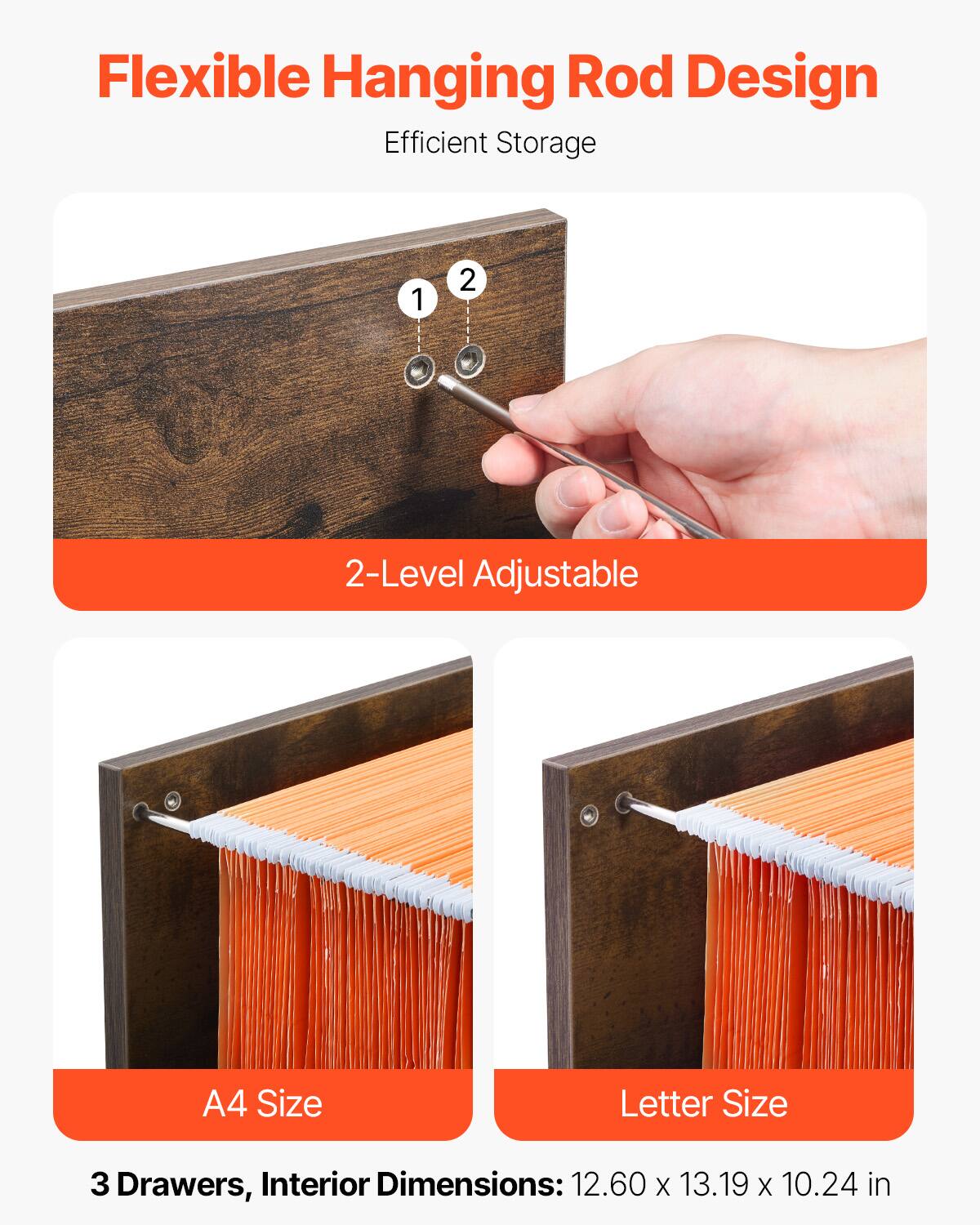 Flexible Hanging Rod Design  
Efficient Storage  

2-Level Adjustable  

A4 Size  
Letter Size  

3 Drawers, Interior Dimensions: 12.60 x 13.19 x 10.24 in