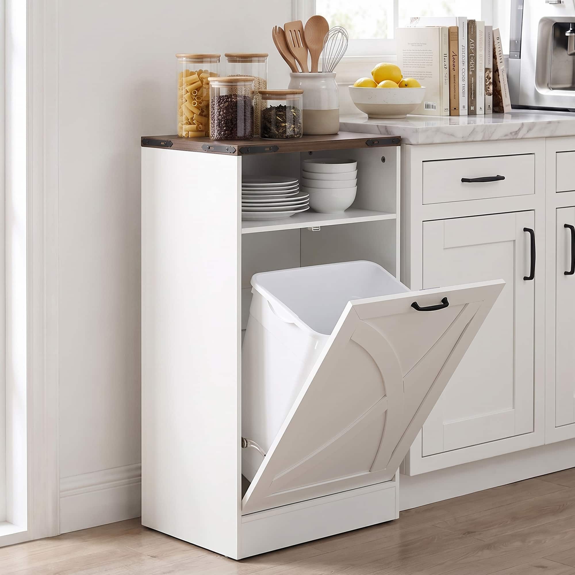Ihomeadore - 37.8" H Modern Farmhouse Tilt-Out Trash Cabinet with 13 Gallon Hidden Trash Can Cabinet for Kitchen and Dining Room - White
