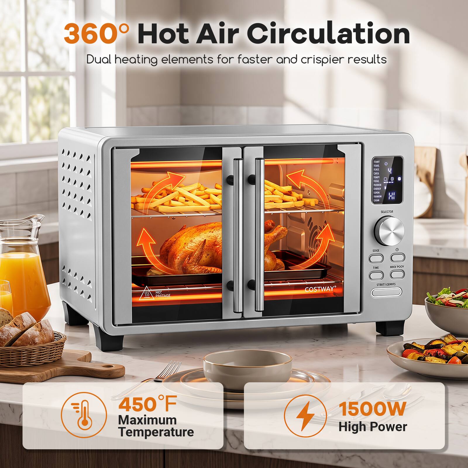 360° Hot Air Circulation  
Dual heating elements for faster and crisper results  

450°F Maximum Temperature  
1500W High Power