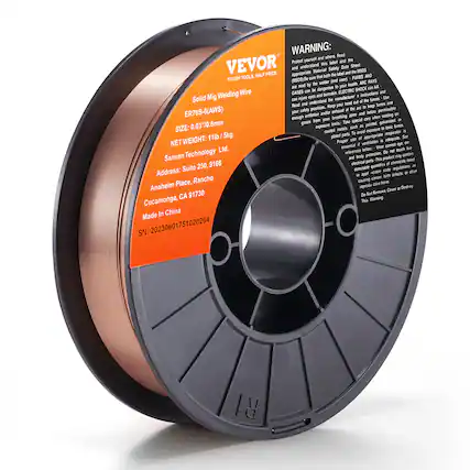 **VEVOR**
TOOLS HALF PRICE
**Solid MIG Welding Wire**
ER70S-6 (AWS)
SIZE: 0.03/0.8mm
NET WEIGHT: 11lb / 5kg
Savven Technology Ltd.
Address: Suite 250, 9166
Anaheim Place, Rancho
Cucamonga, CA 91730
Made in China
SN: 20230601751020264
---
**WARNING:**
Protect yourself and others. Read and understand this label and the Material Safety Data Sheet (MSDS) before using this product. Be sure that both the welder and the wire are appropriate for the job. FUMES AND GASES can be dangerous, causing burns, ELECTRIC SHOCK, and other injuries. Read and understand the instructions and keep your head and body away from the arc to keep from being burned. Keep your work area well ventilated and free of flammable gases. Take special care when welding on galvanized, painted, or plated metals such as steel, aluminum, or copper. Use appropriate respiratory protection if ventilation is inadequate.