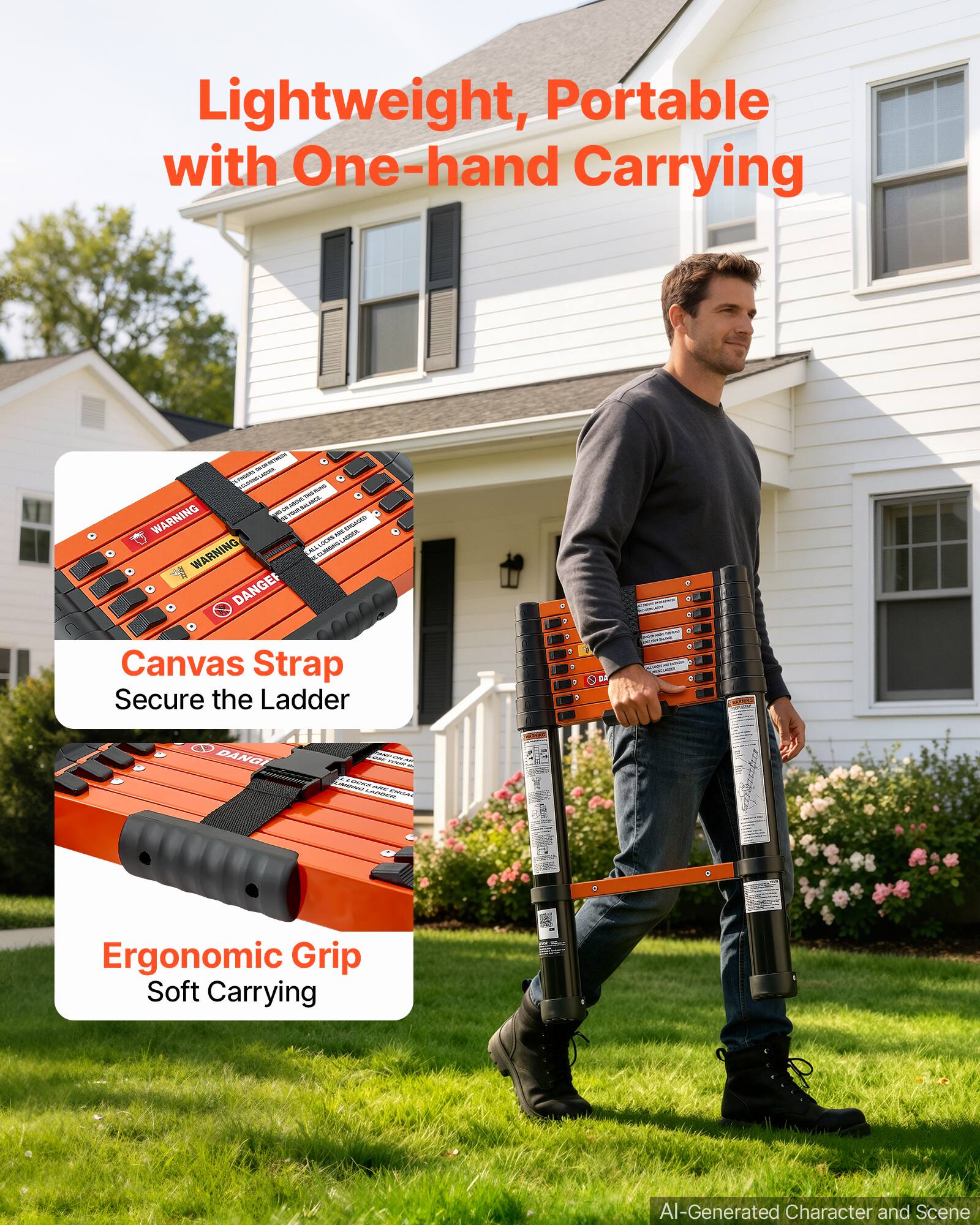 Lightweight, Portable with One-hand Carrying

- LAGGER: EXPRESARTS INE - - 2 - MAIVE Attis. WARNING M my - mom ...... WARNING memessiones NEW CLIVASSIONS DANGER Canvas Strap Secure the Ladder

7 7 5 P
Oos
7
DANGI
- EXPER COCKET - - - - - LAVERT FWWEDE

Ergonomic Grip Soft Carrying

AI-Generated Character and Scene