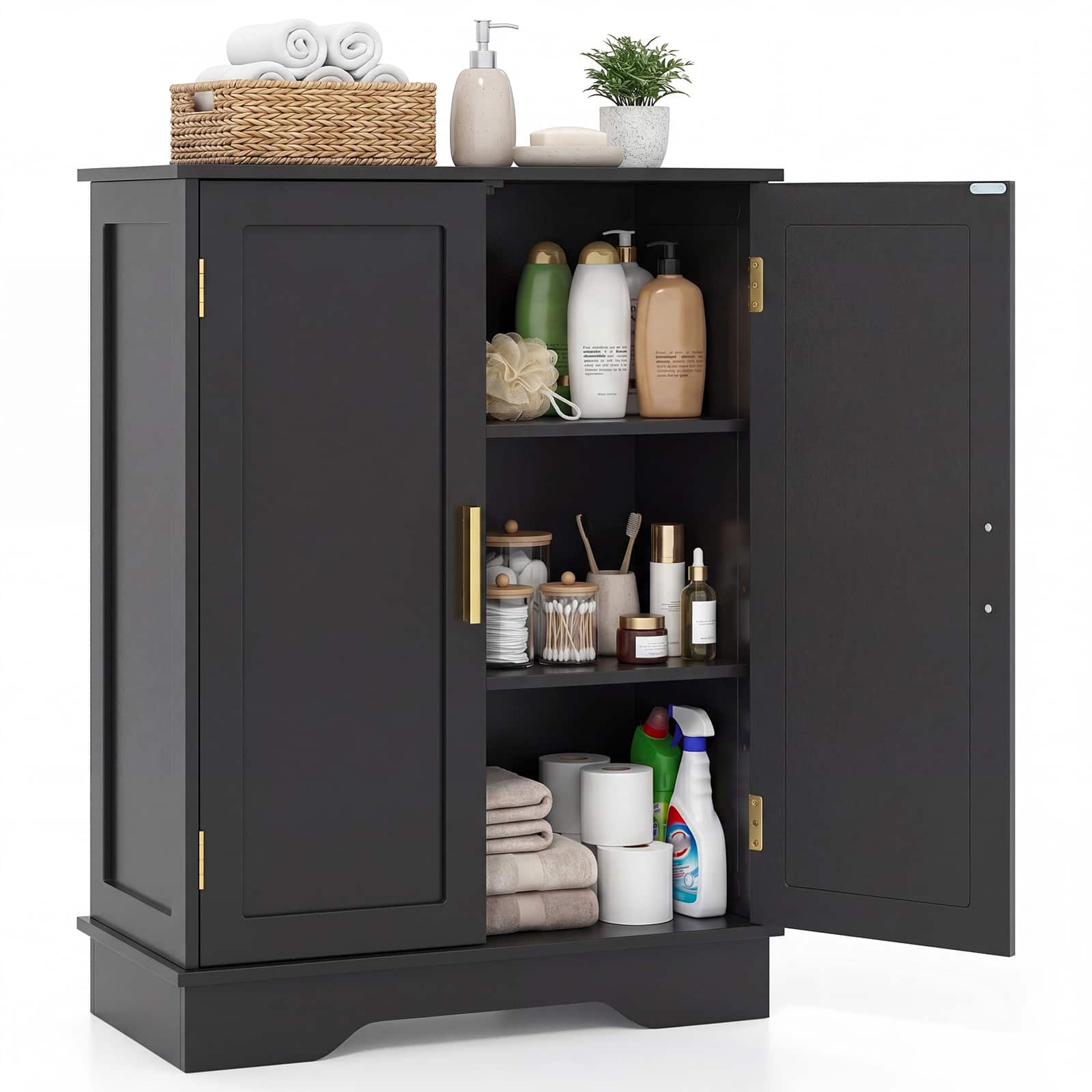 Costway - Floor Storage Cabinet Modern Storage Organizer with Adjustable Shelves &2 Doors - Black