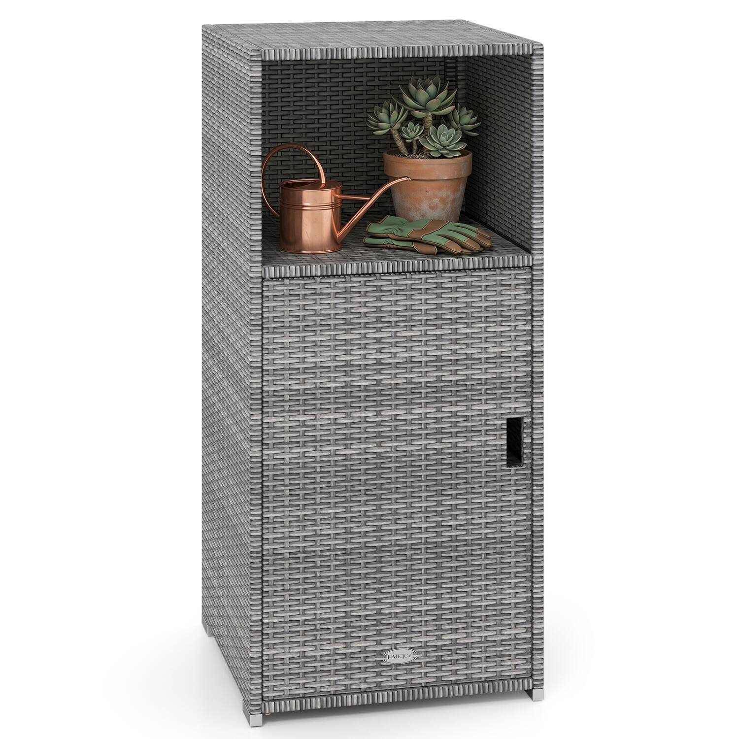 Left. WELLFOR - Outdoor PE Wicker Storage Cabinet with Door and Open Compartment for Patio - Gray.