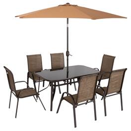Outsunny - 8 Pieces Patio Table and Chairs Set with 9 Ft Patio Umbrella, Outdoor Dining Set with 4.5 Ft Dining Table and 6 Chairs - Mixed Brown