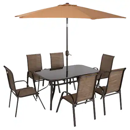 Front. Outsunny - 8 Pieces Patio Table and Chairs Set with 9 Ft Patio Umbrella, Outdoor Dining Set with 4.5 Ft Dining Table and 6 Chairs - Mixed Brown.