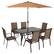 Front. Outsunny - 8 Pieces Patio Table and Chairs Set with 9 Ft Patio Umbrella, Outdoor Dining Set with 4.5 Ft Dining Table and 6 Chairs - Mixed Brown.