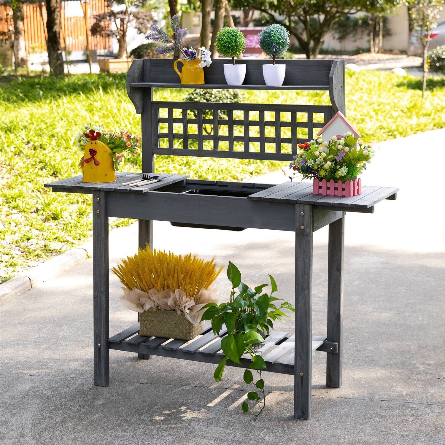 Angle. SlickBlue - Grey Wood Outdoor Potting Bench with Expandable Table and Sink - Grey.
