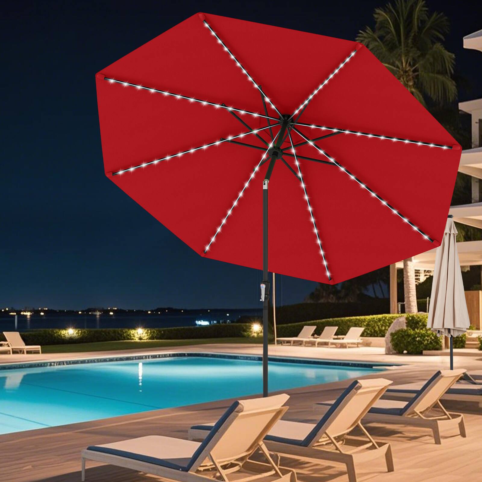 Alt View 4. Gymax - Gymax 10 FT Solar Patio Umbrella w/96 Multi-colored LED Lights & 9 Modes Vented Top Red - Red.