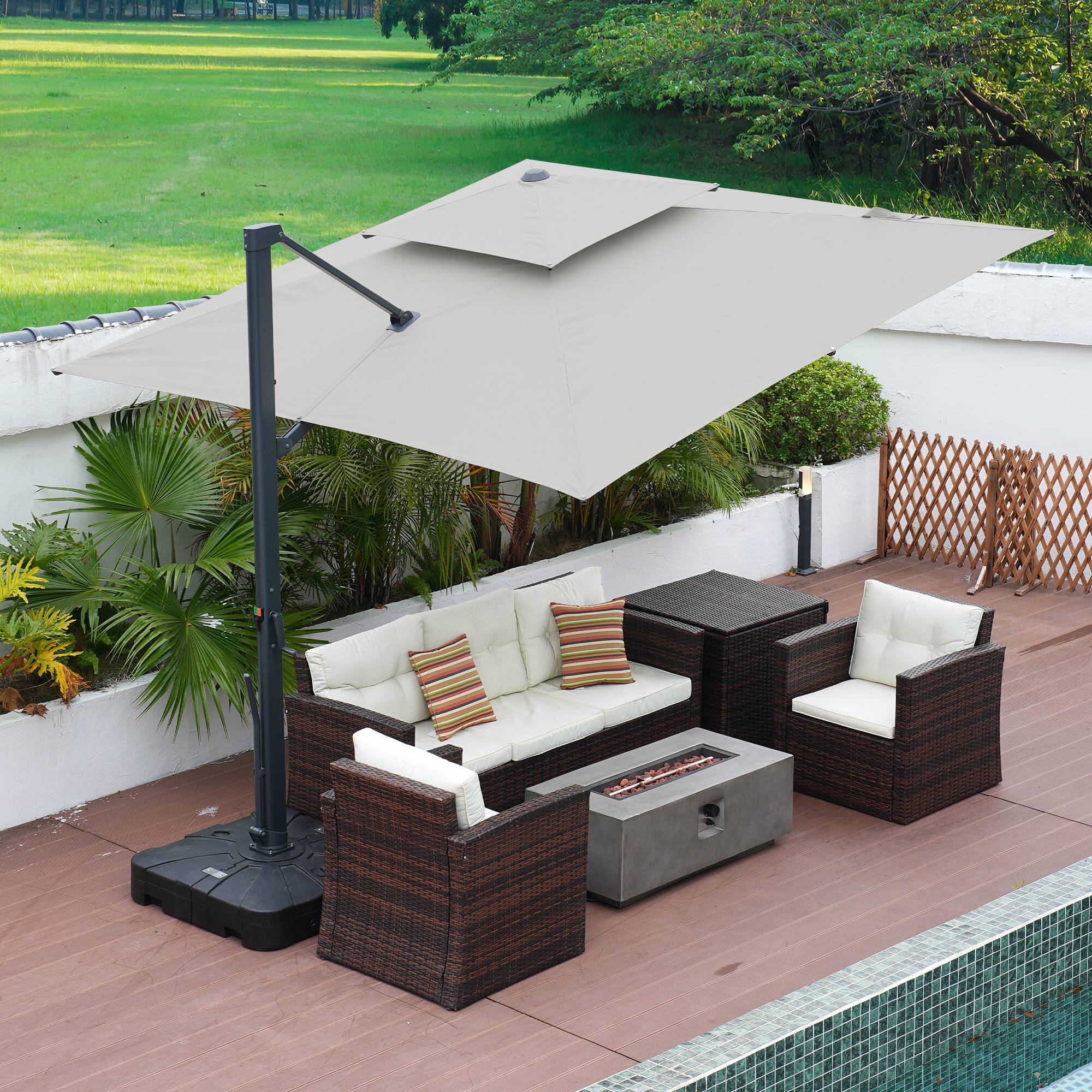 Left. Mondawe - 10*10ft Patio Cantilever Umbrella Double Top Offset Umbrella with Base - Grey.
