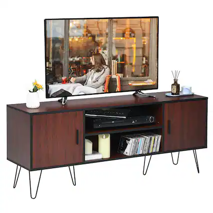 Front. Costway - 59'' TV Stand Entertainment Center Media Console Storage Cabinet Shelf - Teak.