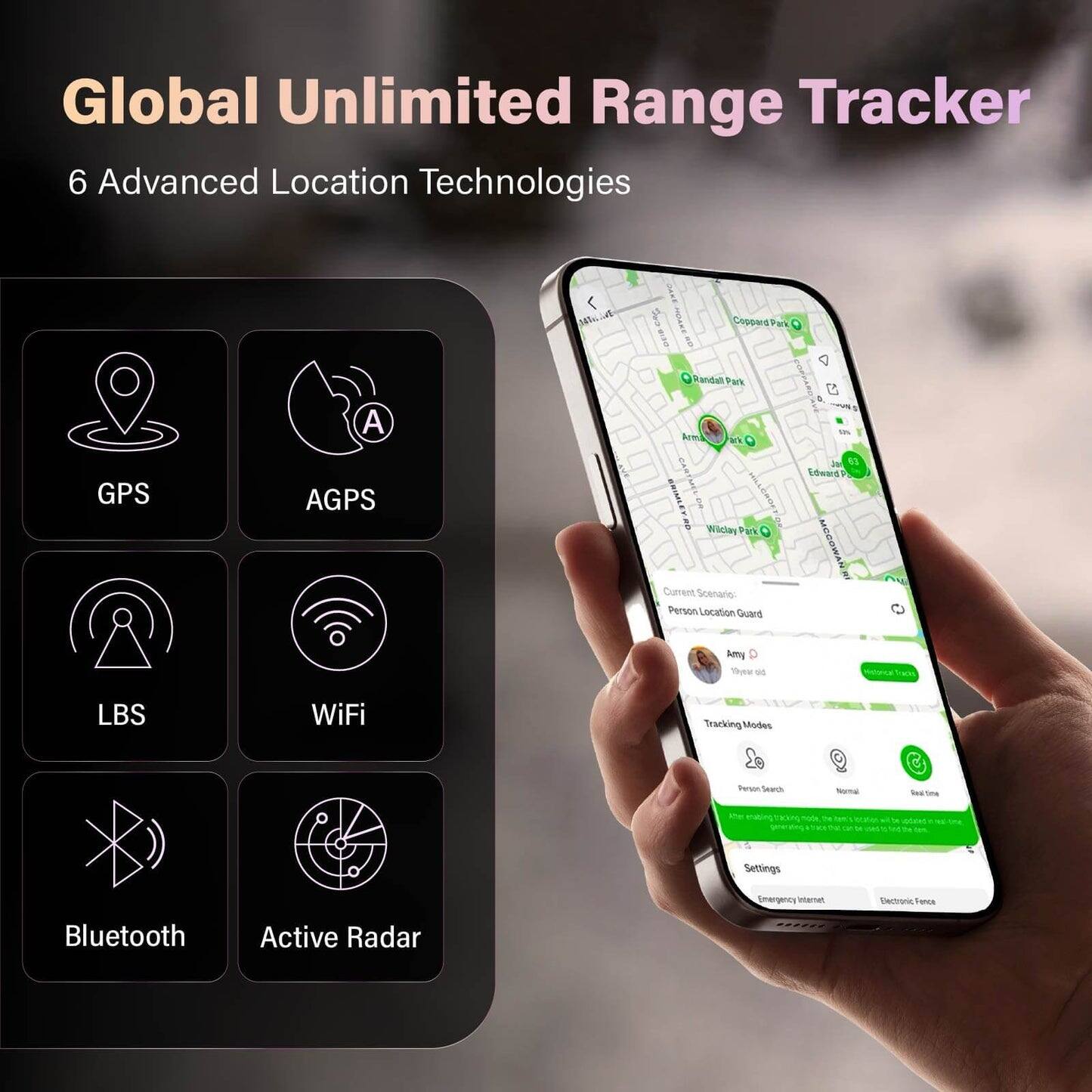 Global Unlimited Range Tracker  
6 Advanced Location Technologies  

GPS  
AGPS  
LBS  
WiFi  
Bluetooth  
Active Radar  

Current Scenario:  
Person Location Guard  

Tracking Modes:  
Person Search  
Normal  
Real-time  

Settings:  
Emergency Internet  
Electronic Fence