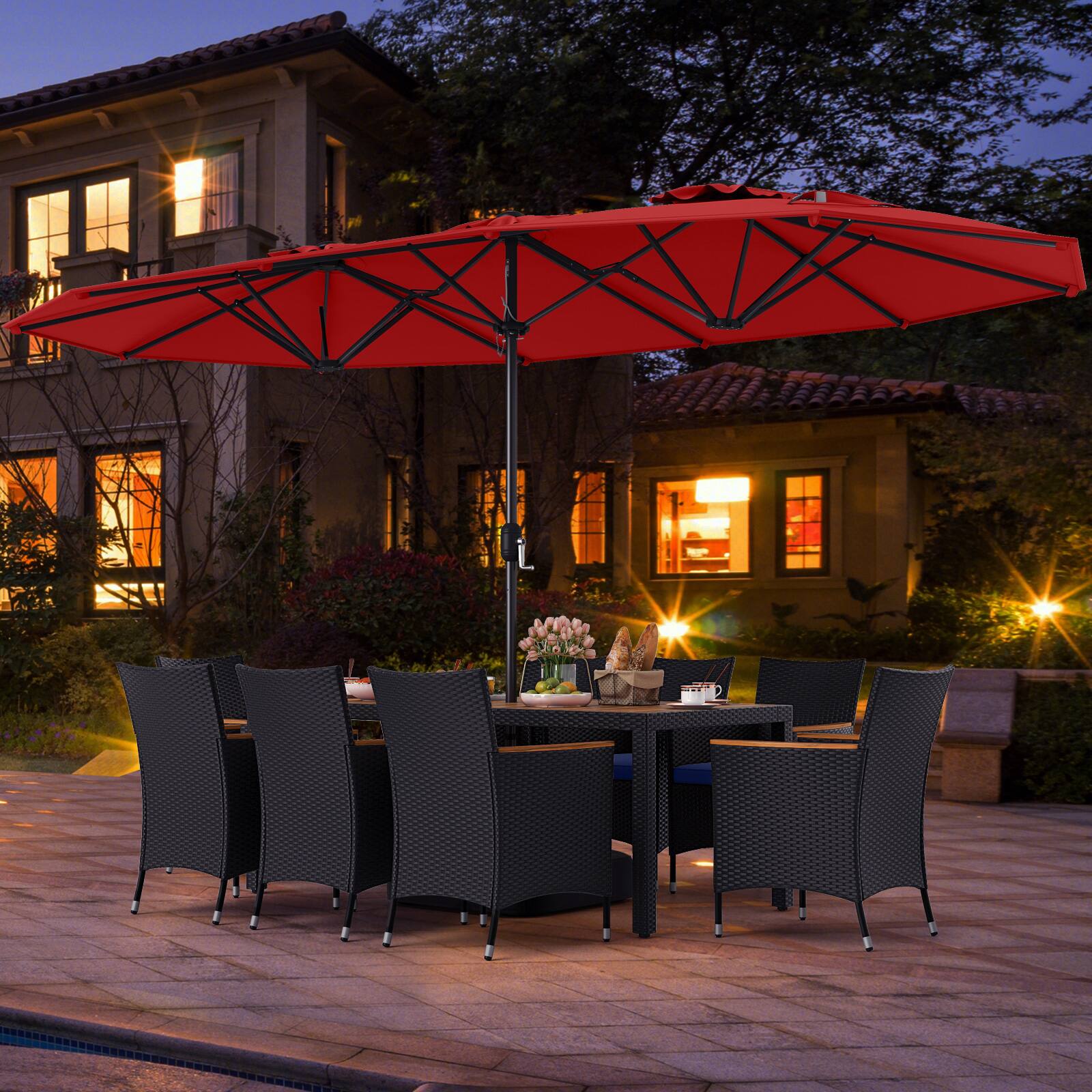 Alt View 4. Costway - Costway 11 PCS Patio Wicker Dining Set with Double-Sided Outdoor Umbrella 8 Stackable Chairs - Red+Navy.