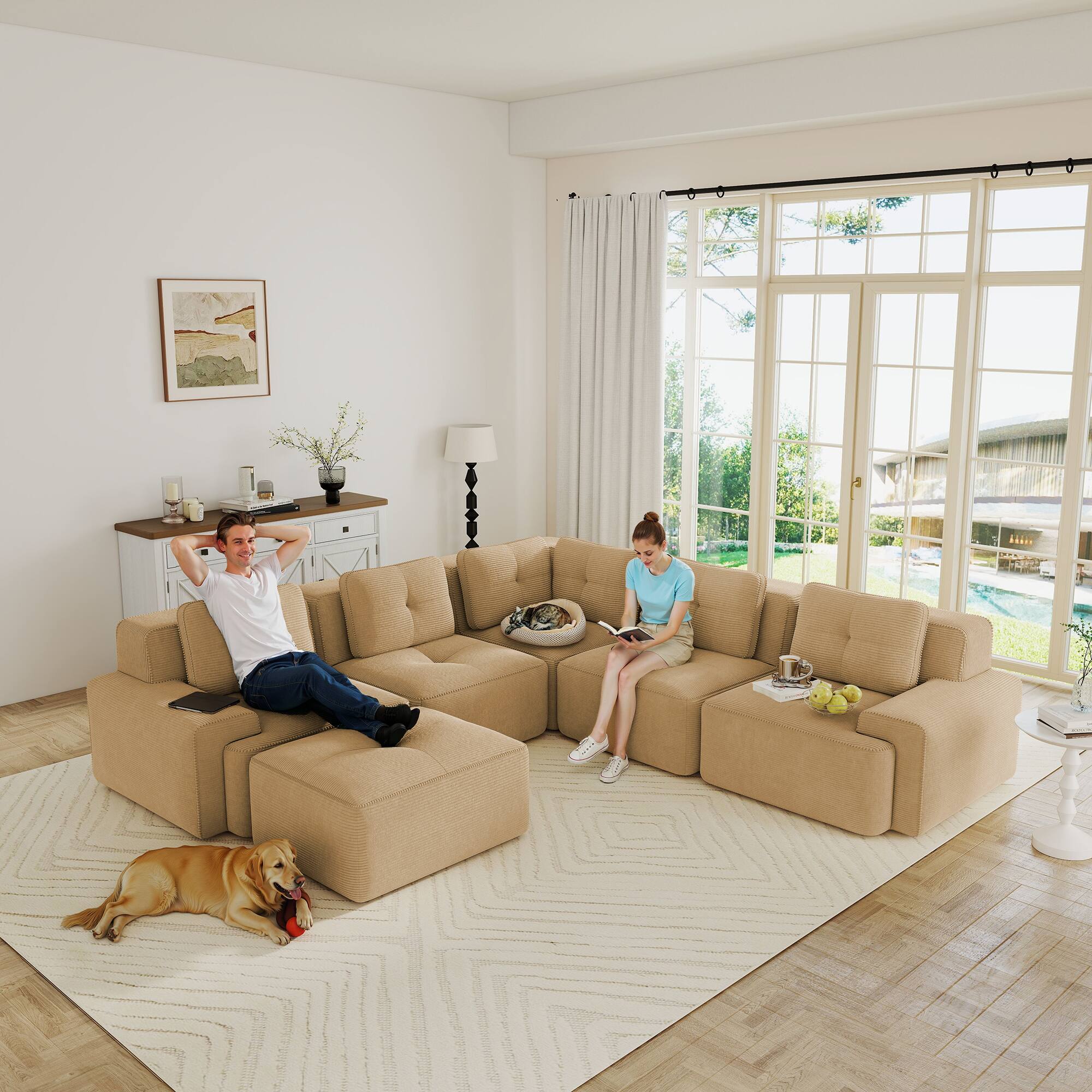 Alt View 1. Anysun - 153" U-Shape Corduroy Sectional Sofa with 2 Ottomans - 4-Seat Deep-Seat Couch, Pearl Piping, Tufted, No Assembly - Camel.