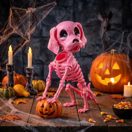 Front. Joyfy - 12.6" Halloween Decorations Dog Puppy Skeleton Full Body Posable for Scene Decor Party Favor Haunted House Prop Pink - Pink.