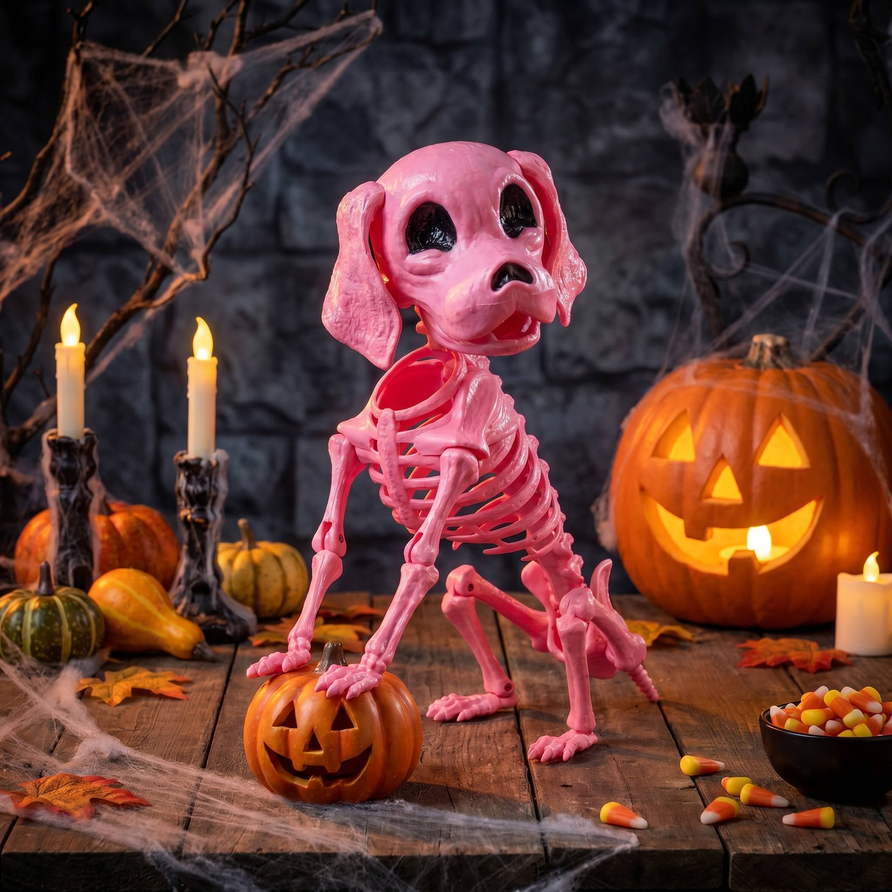 Front. Joyfy - 12.6" Halloween Decorations Dog Puppy Skeleton Full Body Posable for Scene Decor Party Favor Haunted House  Prop Pink - Pink.