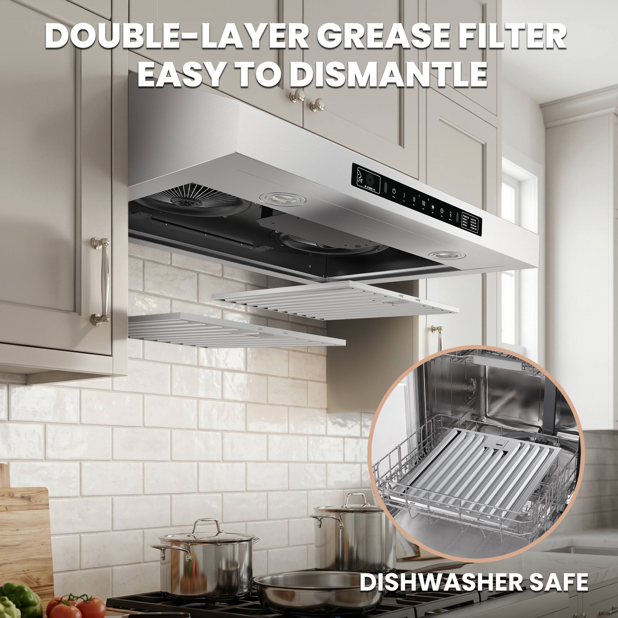 DOUBLE-LAYER GREASE FILTER  
EASY TO DISMANTLE  
DISHWASHER SAFE