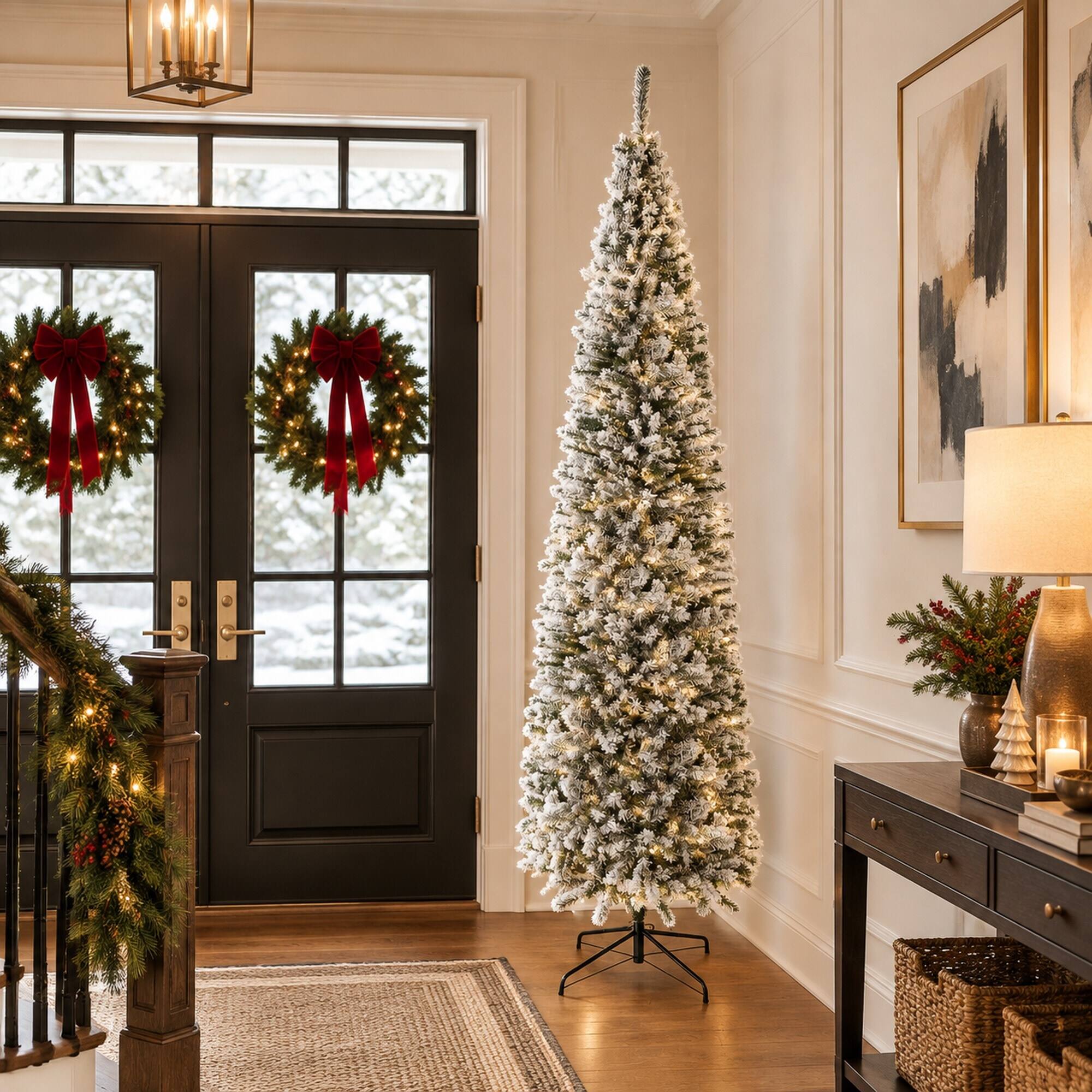 Alt View 2. RYHNUYNE - 9 Ft Unlit Snow Flocked Slim Artificial Christmas Tree With 1014 Tips, Metal Stand Narrow Holiday Home Decor - Green.
