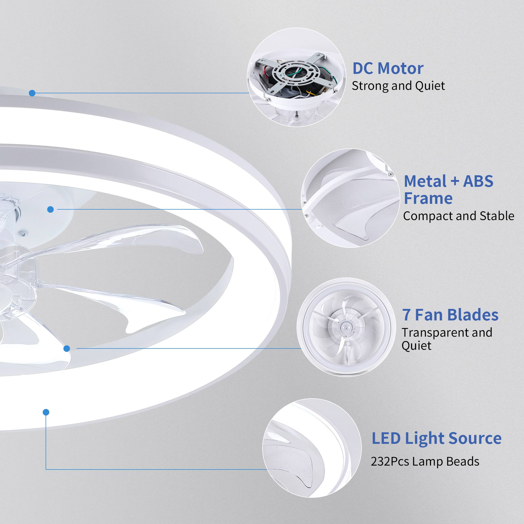 DC Motor  
Strong and Quiet  

Metal + ABS Frame  
Compact and Stable  

7 Fan Blades  
Transparent and Quiet  

LED Light Source  
232Pcs Lamp Beads