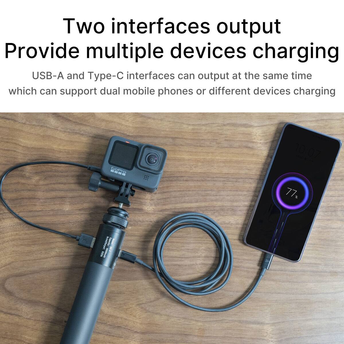 Two interfaces output  
Provide multiple devices charging  
USB-A and Type-C interfaces can output at the same time  
which can support dual mobile phones or different devices charging  

10:07  
77%  

in not/Out.p Capacity: VE/AS 10000mAh