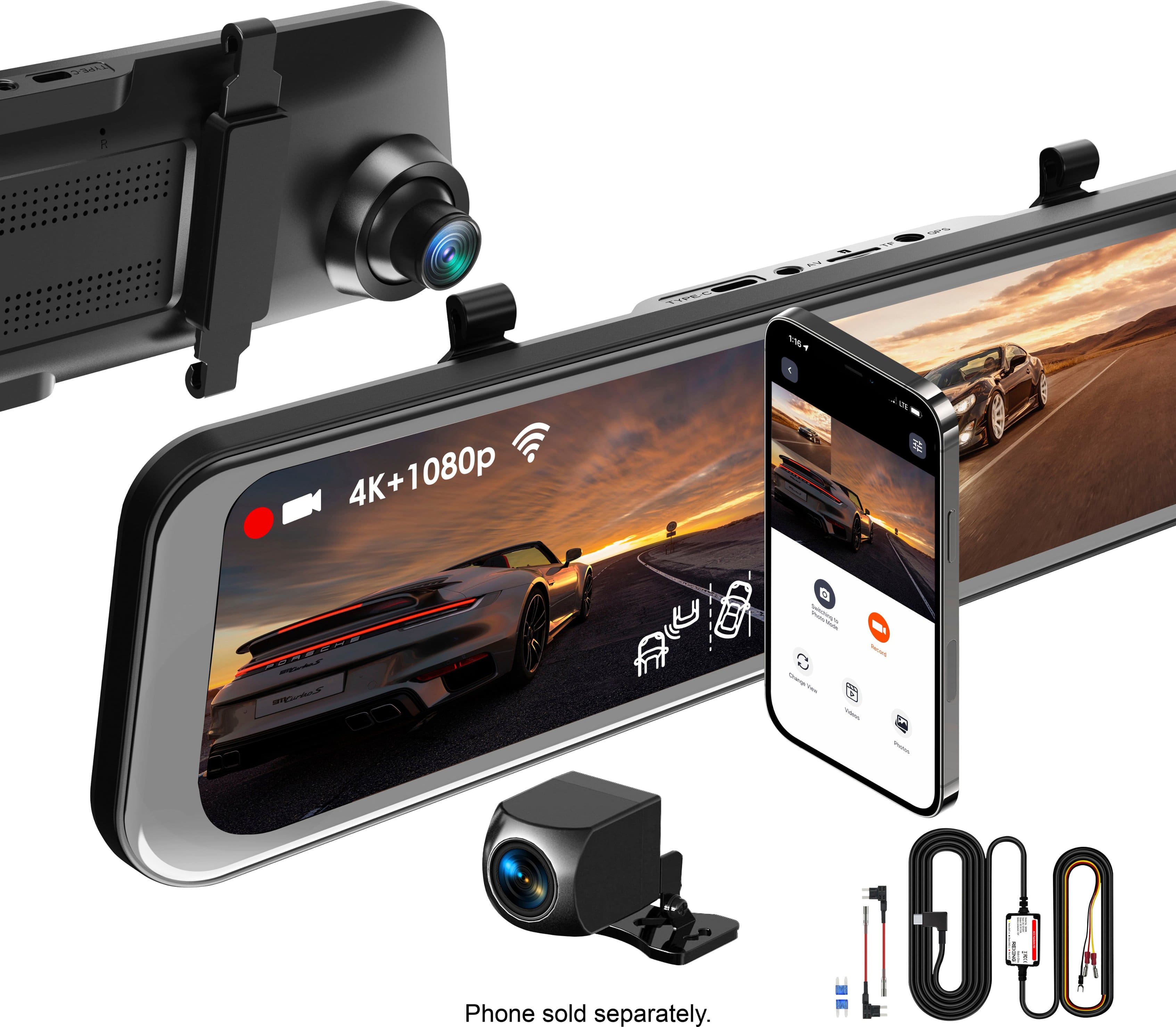 The image features a smartphone and a camera, with the smartphone displaying a picture of a car. The phone is sold separately, and the camera is designed for 4K+1080p video recording. The camera is also equipped with Wi-Fi capabilities.