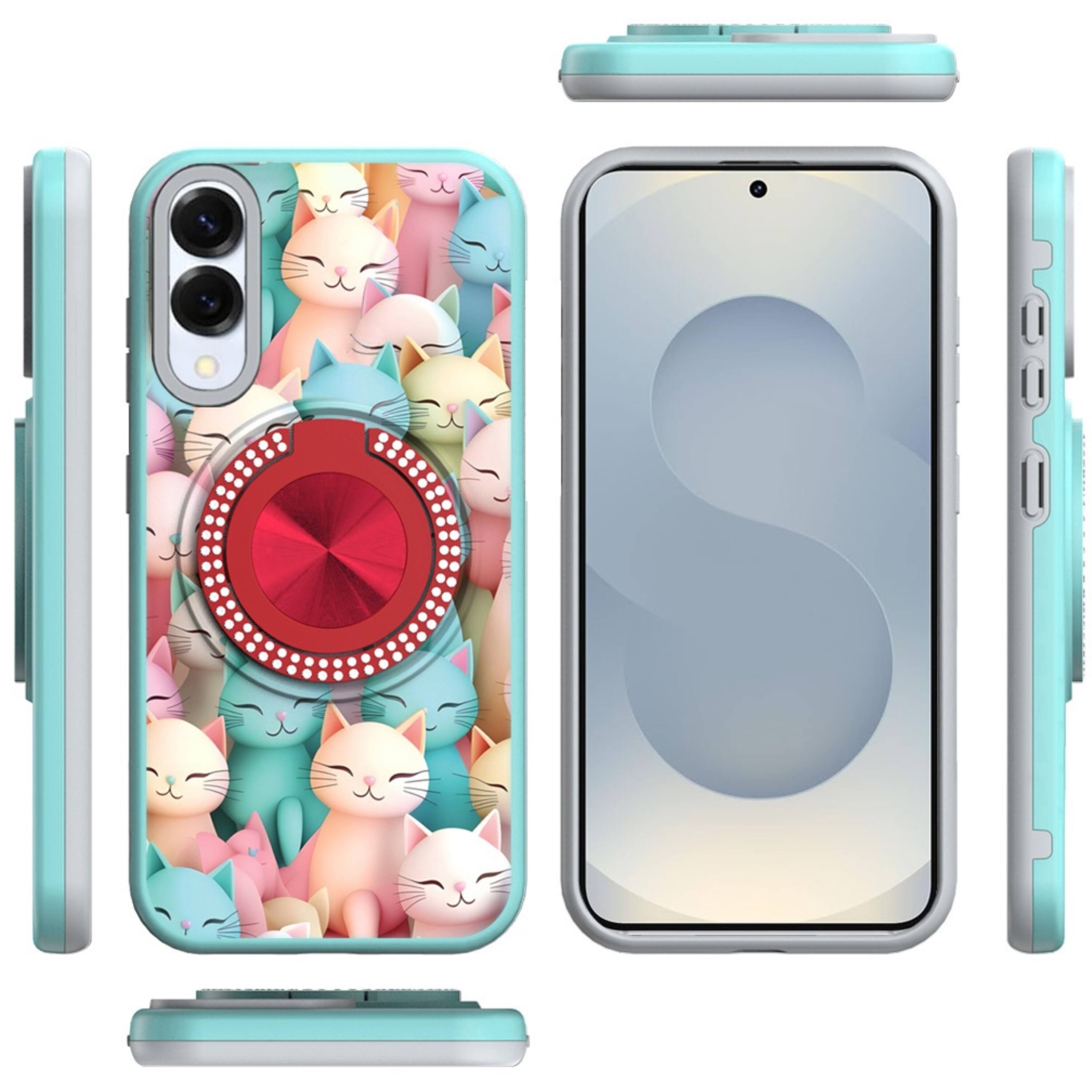Angle. Kitcheniva - Floral Design Ring Stand Case With Tempered Glass For Samsung S25 Edge Cats - Cats.