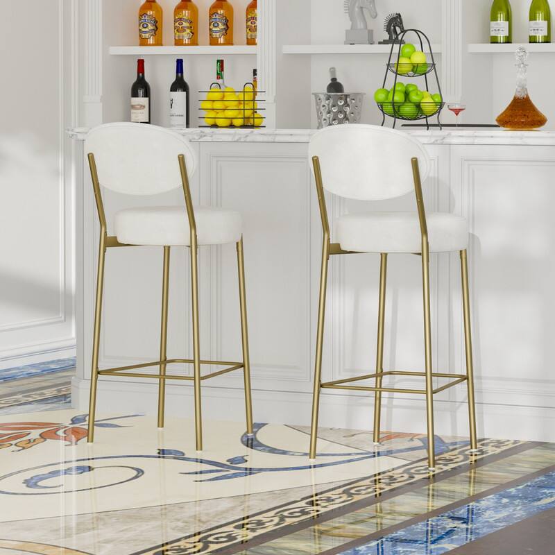 Alt View 1. HTUTWOO - 29'' Upholstered Bar Stools Set of 2, Velvet Counter Stools with Backrest,& Gold Metal Frame, for Kitchen & Bar - White.