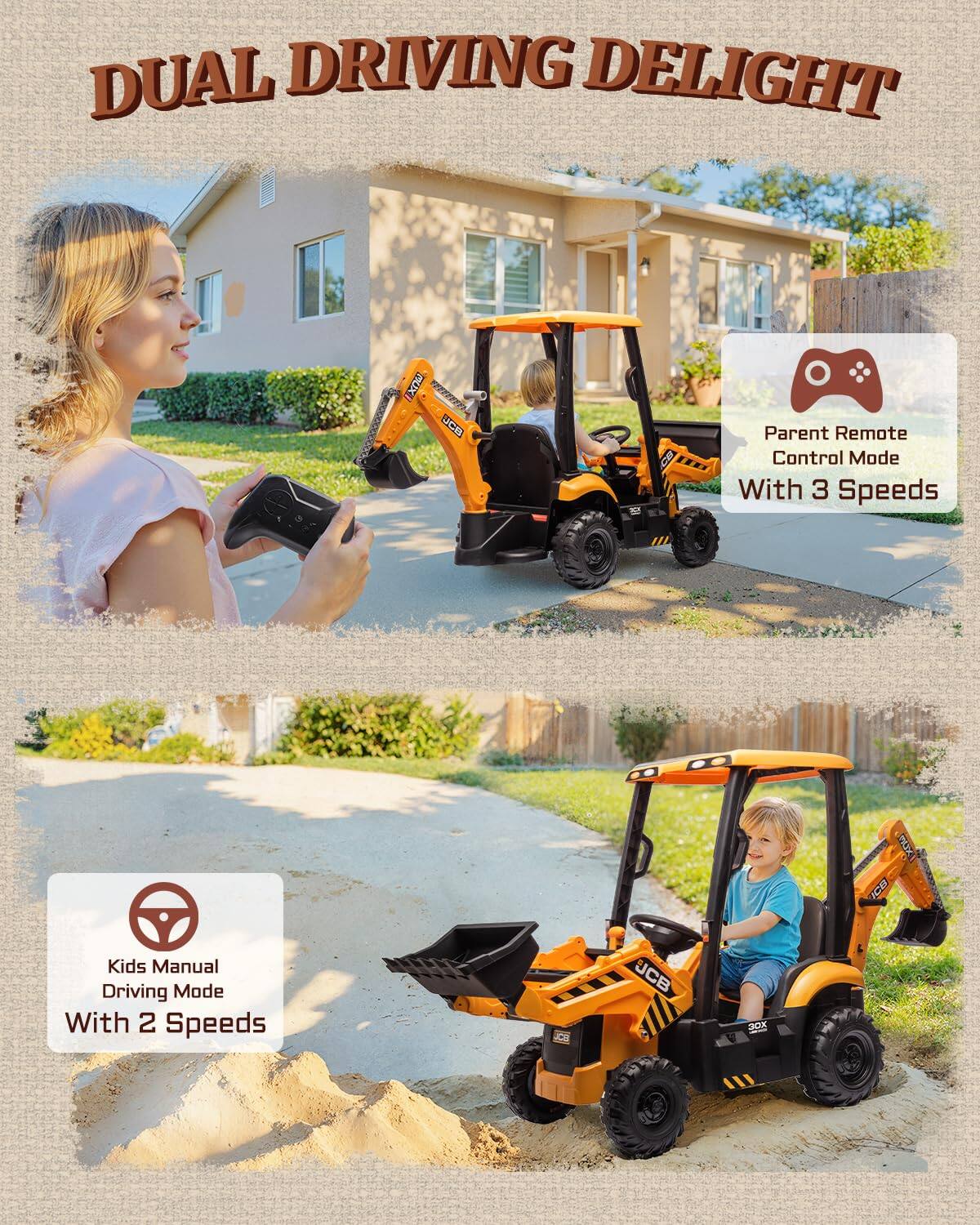 DUAL DRIVING DELIGHT

Parent Remote Control Mode With 3 Speeds

Kids Manual Driving Mode With 2 Speeds
