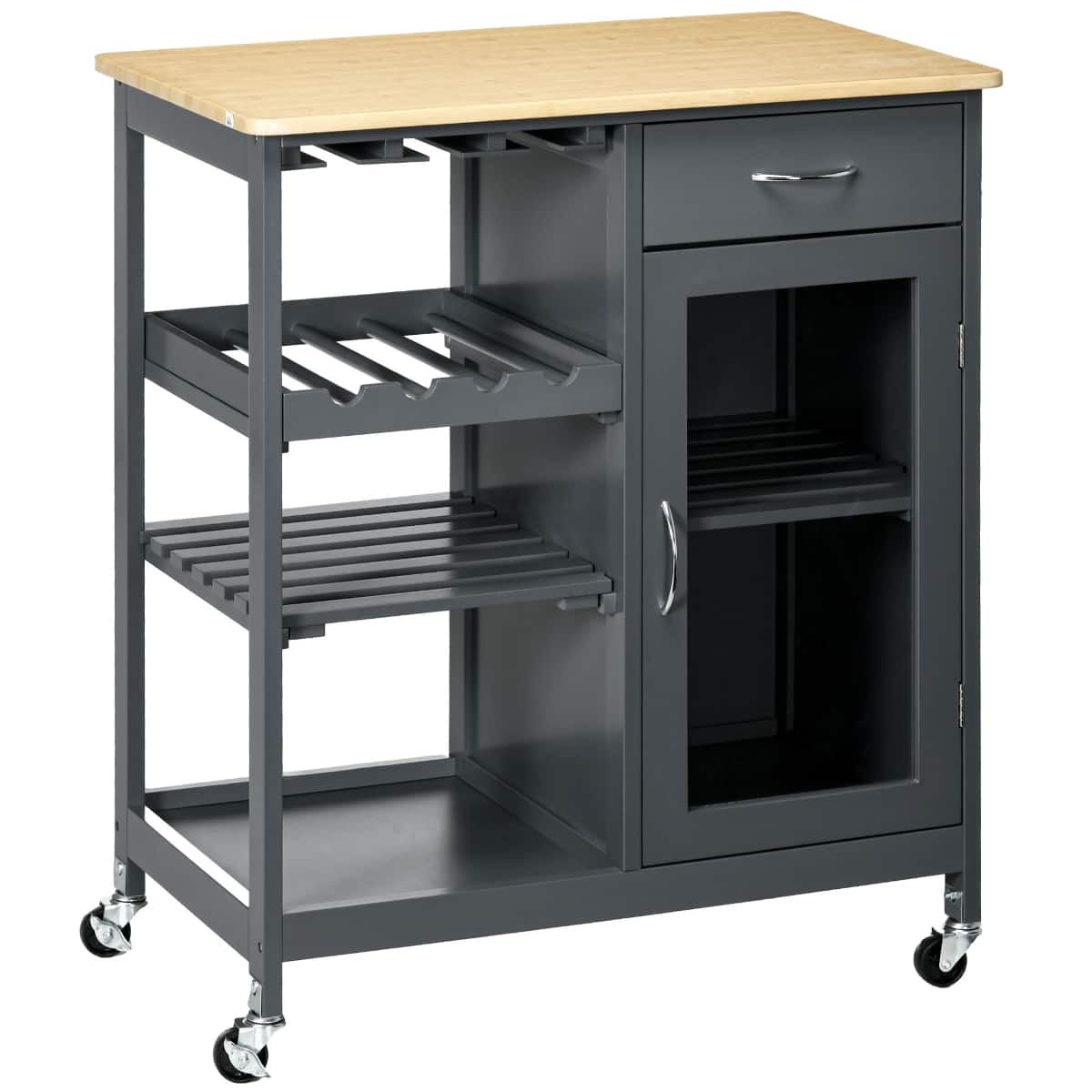 Loheer - Rolling Kitchen Island with Storage Grey Kitchen Cart with Wine Rack Bamboo Top - Gray