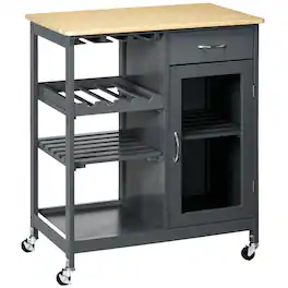 Loheer - Rolling Kitchen Island with Storage Grey Kitchen Cart with Wine Rack Bamboo Top - Gray