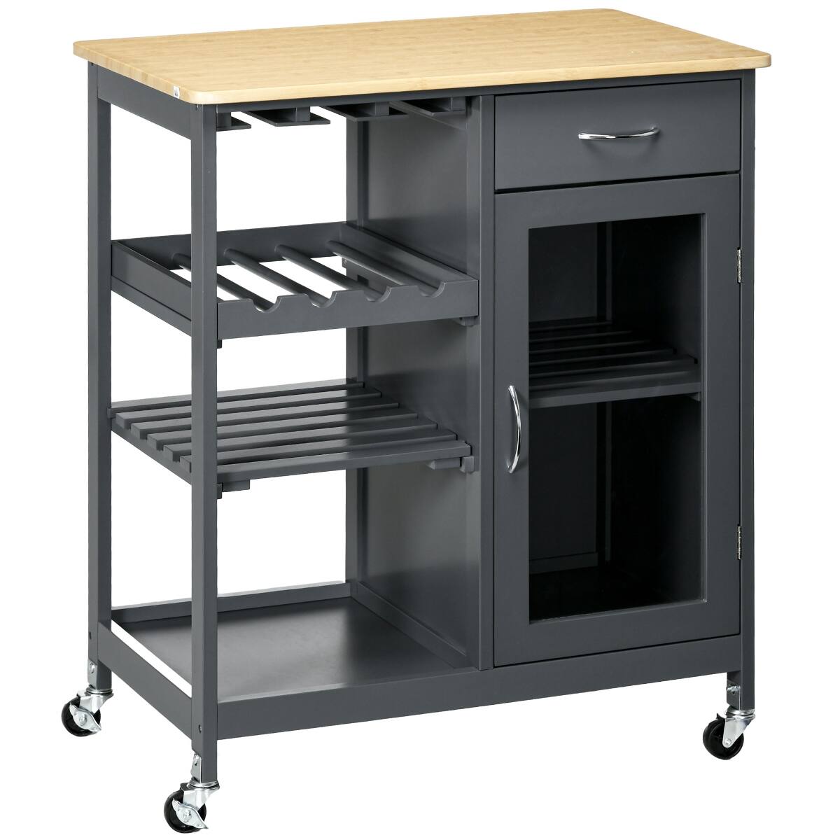 Front. Loheer - Loheer Rolling Kitchen Island with Storage Grey Kitchen Cart with Wine Rack Bamboo Top - Grey.