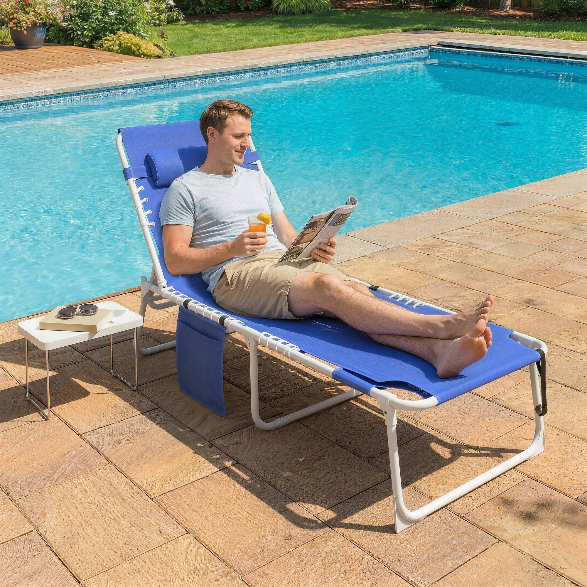 Alt View 1. Outsunny - Chair with Face Hole and Side Table, 5-Position Folding Outdoor Chaise Lounge Chair - Navy Blue.