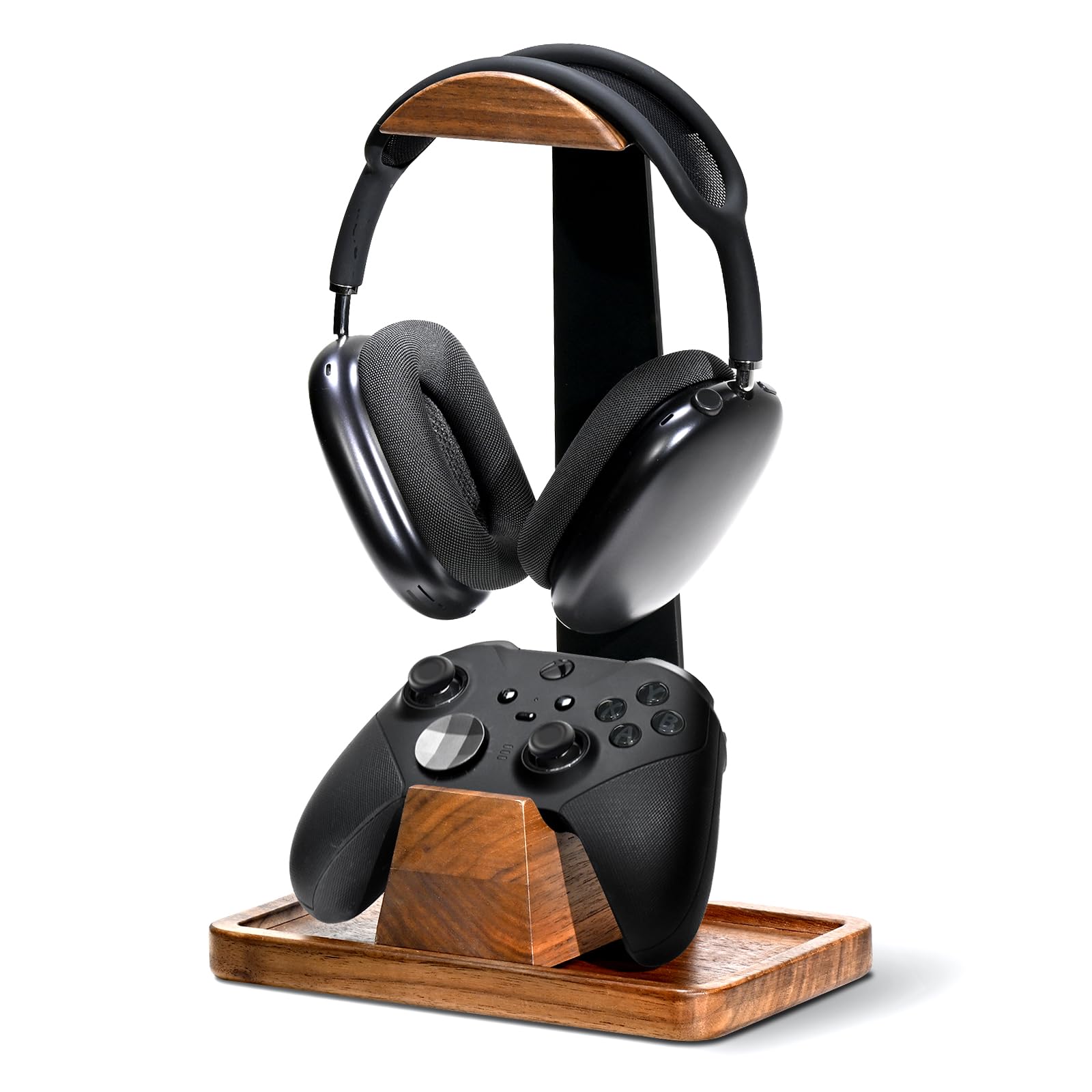 Front. Reds Spade - Headset Stand With Gaming Controller Holder Walnut Wood Headphone Storage Base Accessories For Desk - Default.