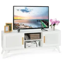 Costway - TV Stand Entertainment Media Console w/ 2 Rattan Cabinets & Open Shelves - White - Front_Zoom