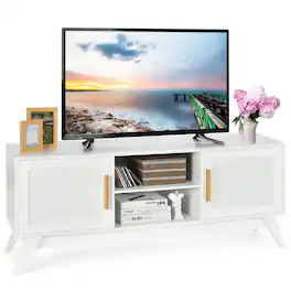 Costway - TV Stand Entertainment Media Console w/ 2 Rattan Cabinets & Open Shelves - White