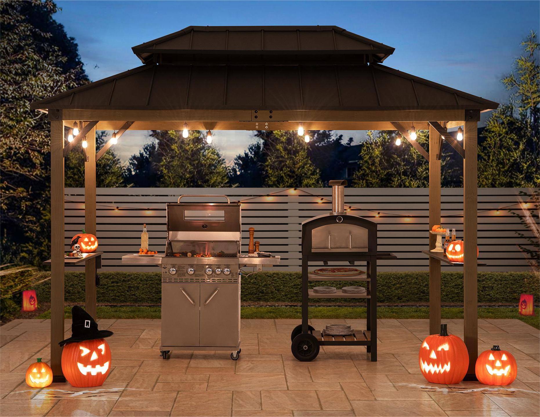 Alt View 6. SUNJOY - Sunjoy 8ft. x 12 ft. Churchill Cedar Framed Grill Gazebo with exclusive AC Power Port Brown - Churchill Cedar+AC Power Port+Brown.