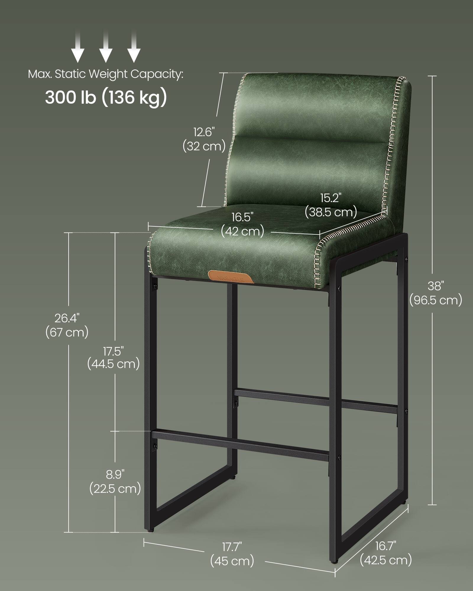Max. Static Weight Capacity: 300 lb (136 kg)

- 12.6" (32 cm)
- 16.5" (42 cm)
- 15.2" (38.5 cm)
- 26.4" (67 cm)
- 17.5" (44.5 cm)
- 38" (96.5 cm)
- 8.9" (22.5 cm)
- 17.7" (45 cm)
- 16.7" (42.5 cm)